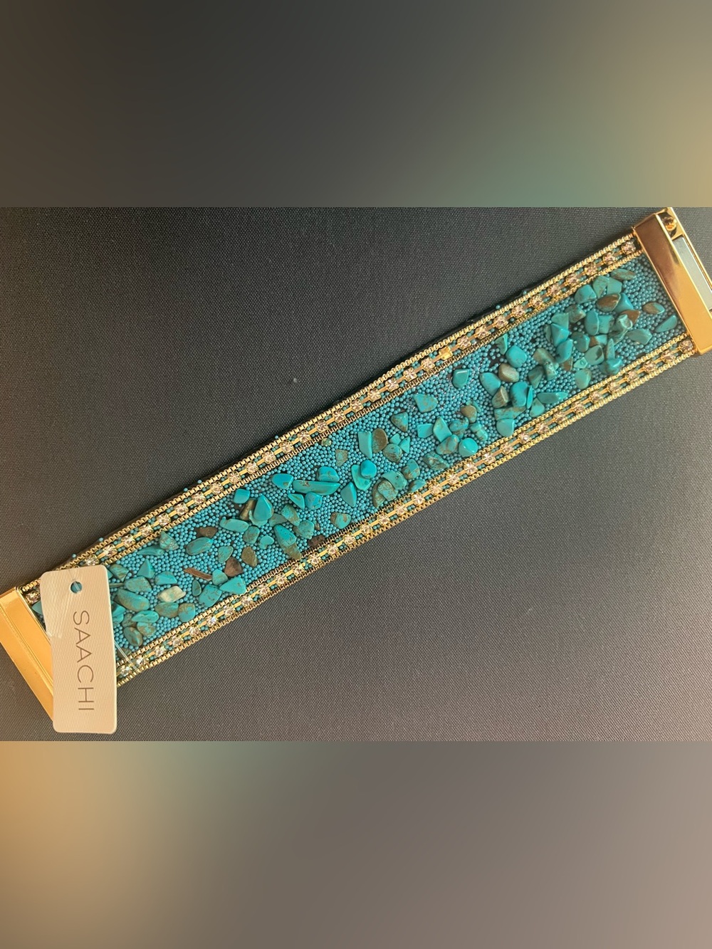 NWT SAACHI Turquoise Beaded Statement Bracelet with Gold Accents